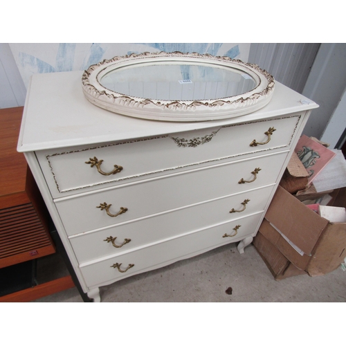 2396 - A French style white painted chest of four drawers and a French style painted oval wall mirror