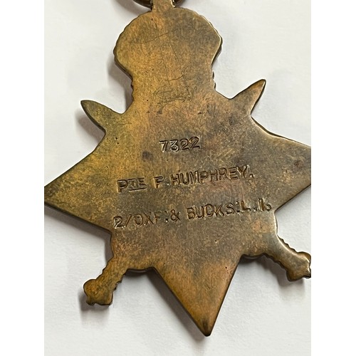 9484 - A WWI Mons Star Medal trio casualty group, each named to 7322 PTE. F. HUMPHREY 2/ OXF. & BUCKS. L.I.... 