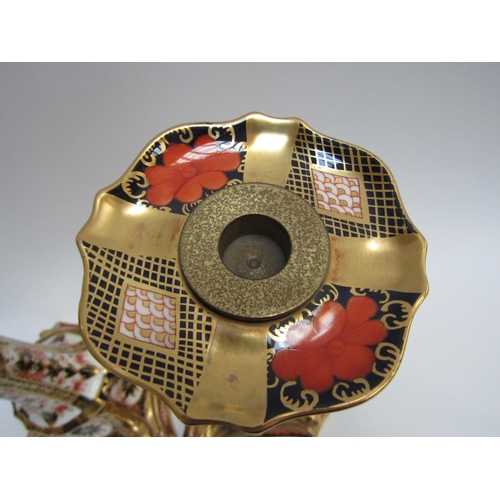 6227 - A pair of Royal Crown Derby 1128 Imari pattern candlesticks, 27cm tall   (C)