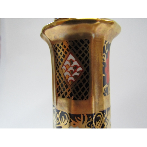 6227 - A pair of Royal Crown Derby 1128 Imari pattern candlesticks, 27cm tall   (C)