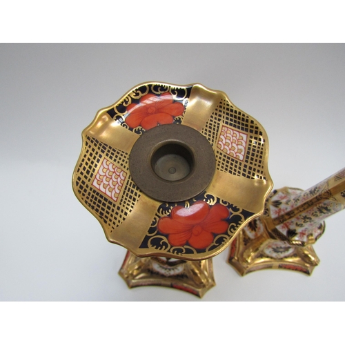 6227 - A pair of Royal Crown Derby 1128 Imari pattern candlesticks, 27cm tall   (C)