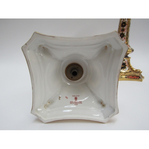 6227 - A pair of Royal Crown Derby 1128 Imari pattern candlesticks, 27cm tall   (C)