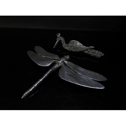 6235 - A dragonfly brooch, 6cm x 9.5cm stamped silver and 925 marcasite peacock brooch 7.5cm (2)