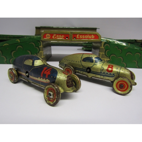 7093 - A German tinplate racing game in the manner of Tipp & Co, comprising two lithographed tinplate clock... 