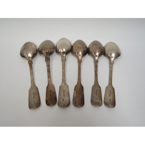6293 - Six Fiddle pattern silver spoons, five Victorian, one William IV, various makers and dates, 290g