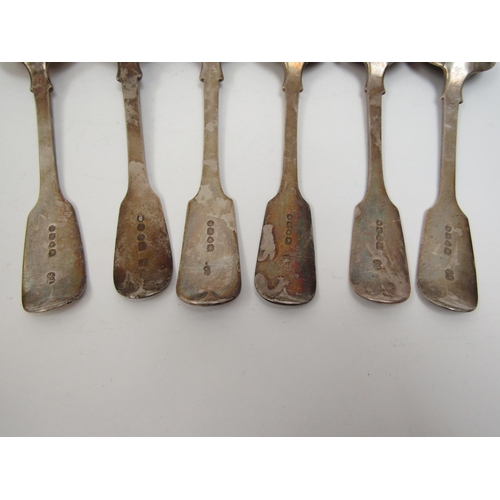 6293 - Six Fiddle pattern silver spoons, five Victorian, one William IV, various makers and dates, 290g