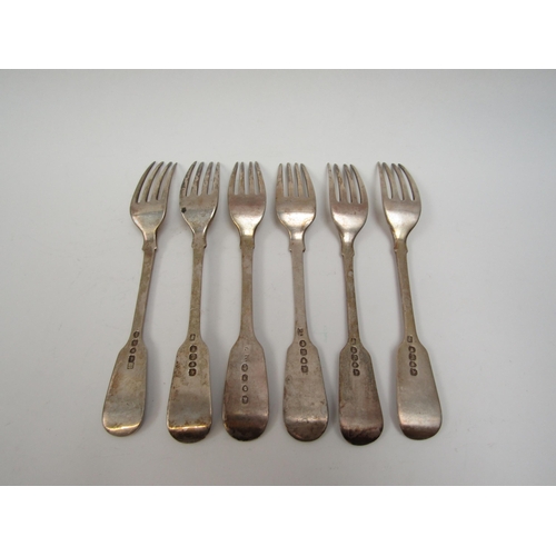 6294 - Six silver Hanoverian terminal small table forks, five of which are Victorian, one George IV, variou... 