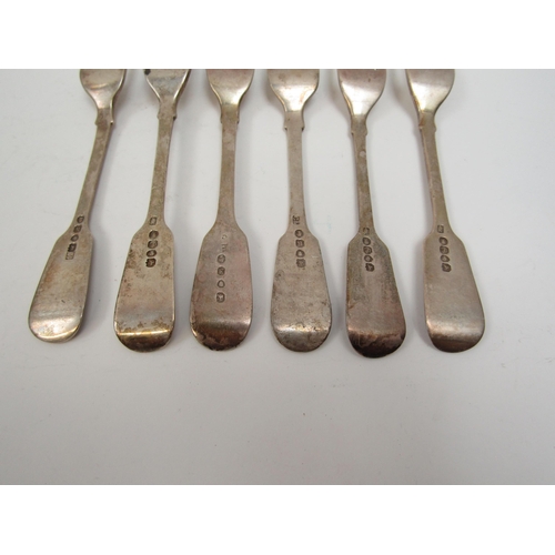 6294 - Six silver Hanoverian terminal small table forks, five of which are Victorian, one George IV, variou... 