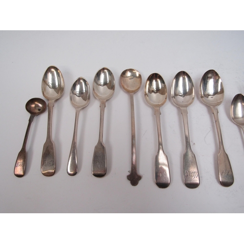 6295 - A box containing eight silver teaspoons, tea caddy spoon, souvenir spoon, condiment spoons and small... 