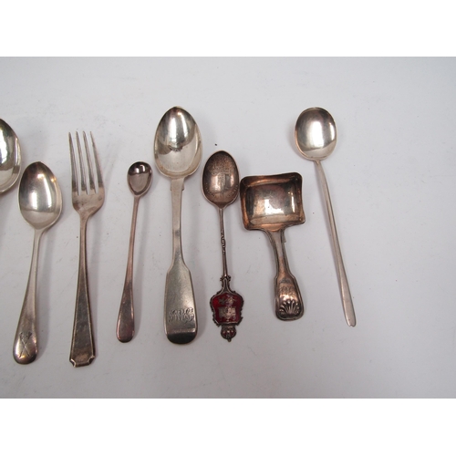 6295 - A box containing eight silver teaspoons, tea caddy spoon, souvenir spoon, condiment spoons and small... 