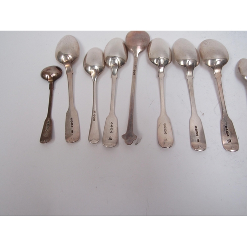 6295 - A box containing eight silver teaspoons, tea caddy spoon, souvenir spoon, condiment spoons and small... 