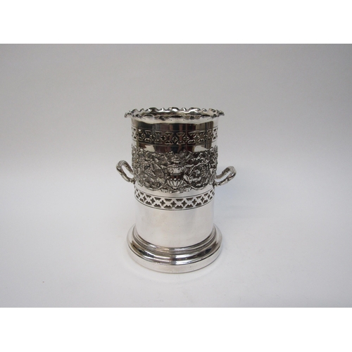 6393 - A silver plated repousse bottle holder with dionysus mask decoration, scrolling vines etc, 19.5cm ta... 