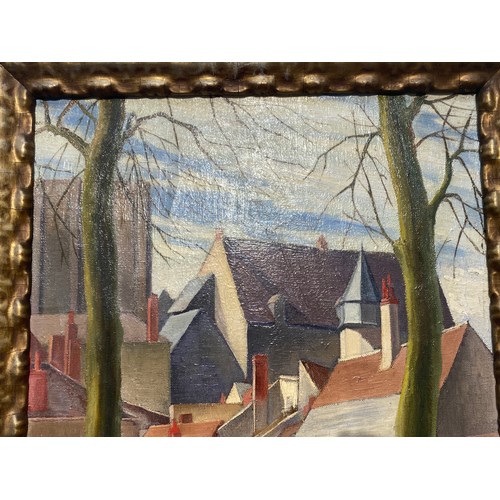 6003 - JAMES H HOGAN; Oil on canvas depicting Continental town, roof tops and castle to background, trees t... 