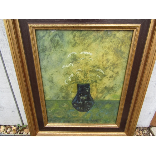 6041 - JAN BOND - still life vase of flowers, green background,  monogrammed JB 85, 41cm x 32cm