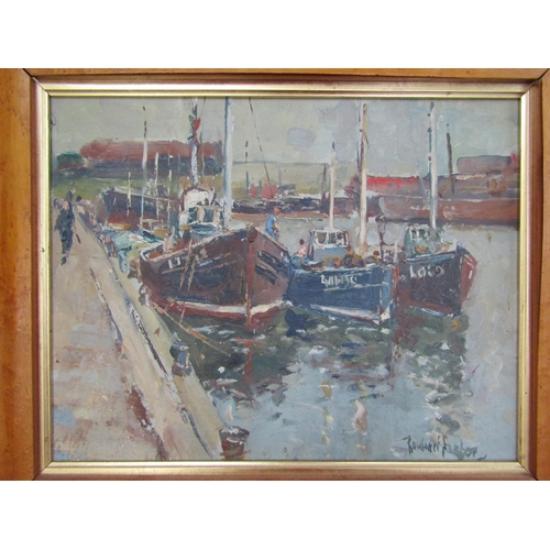 6065 - ROWLAND FISHER RA, RMSA, ROI (1885-1969) A framed oil on board, 'Small craft, Hamilton dock, Lowesto... 