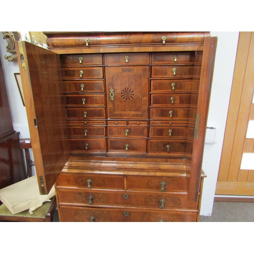 6067 - A William & Mary burr walnut veneered cabinet on chest, ogee pediment over single top drawer. The do... 