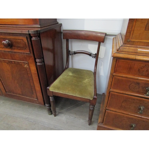6075 - Two 19th Century mahogany dining chairs with melon fluted legs, green velour drop-in seats          ... 