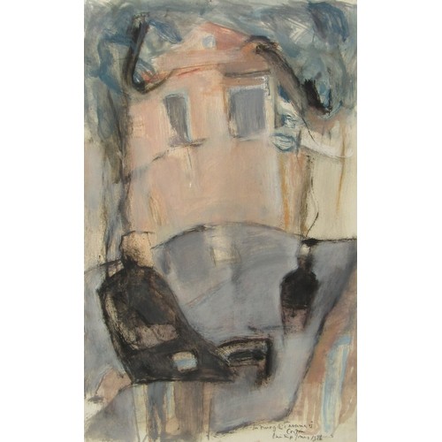 9394 - PHILIP JONES (1933-2008) A framed and glazed oil on paper, 'In Front of the Taverna, Corfu'. Pencil ... 