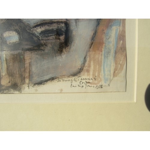 9394 - PHILIP JONES (1933-2008) A framed and glazed oil on paper, 'In Front of the Taverna, Corfu'. Pencil ... 