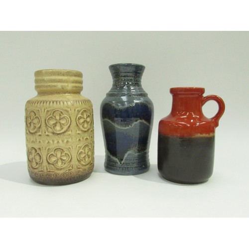 9015 - Three West German Pottery vases in cream, blue and burnt orange glazes. No.414-16, 289-18, 630-20. T... 