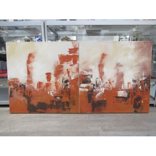 9384 - A pair of abstract oils on canvas depicting London Dockyards. Reputedly cleared from Leahman Brother... 