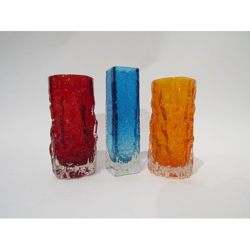 9177 - Two Whitefriars bark textured cylindrical vases in Ruby and Tangerine, 15cm high, plus a Kingfisher ... 