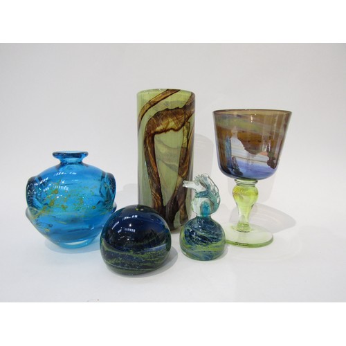 9204 - A collection of Mdina Glass including goblet, tortoiseshell cylindrical vase, blue lobed handled vas... 