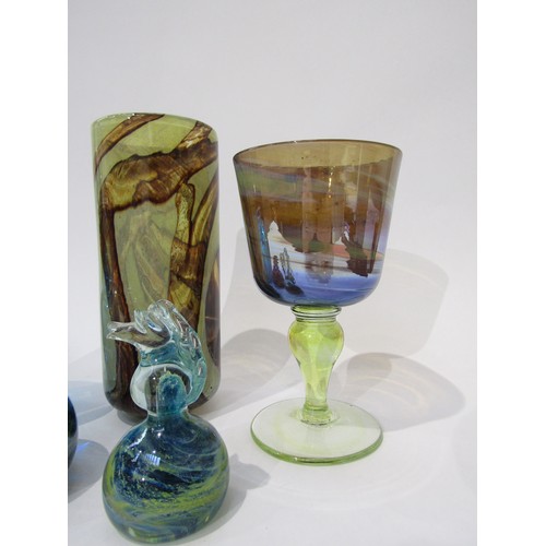 9204 - A collection of Mdina Glass including goblet, tortoiseshell cylindrical vase, blue lobed handled vas... 