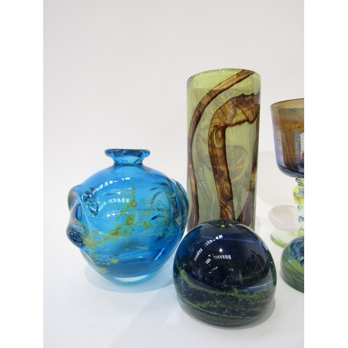 9204 - A collection of Mdina Glass including goblet, tortoiseshell cylindrical vase, blue lobed handled vas... 