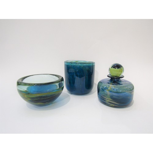 9203 - Three pieces of Mdina Glass including a squat form bottle and stopper, a bowl and a wide cylindrical... 