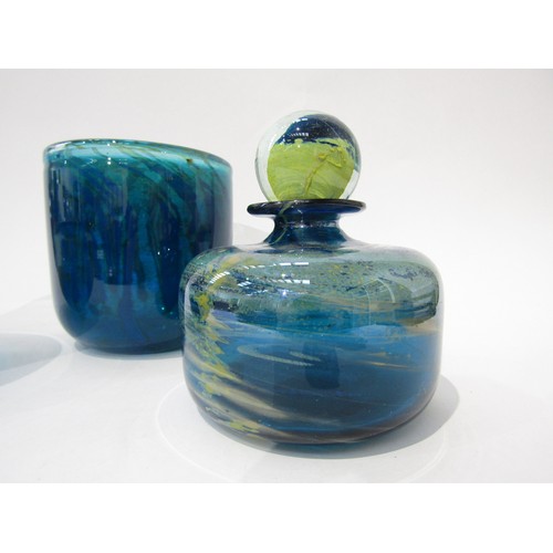 9203 - Three pieces of Mdina Glass including a squat form bottle and stopper, a bowl and a wide cylindrical... 