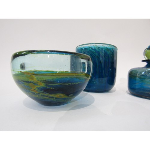 9203 - Three pieces of Mdina Glass including a squat form bottle and stopper, a bowl and a wide cylindrical... 