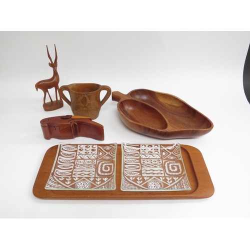 9224 - A collection of mid 20th century wooden items including Scandinavian teak tray with two glass dishes... 