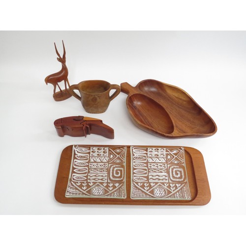 9224 - A collection of mid 20th century wooden items including Scandinavian teak tray with two glass dishes... 