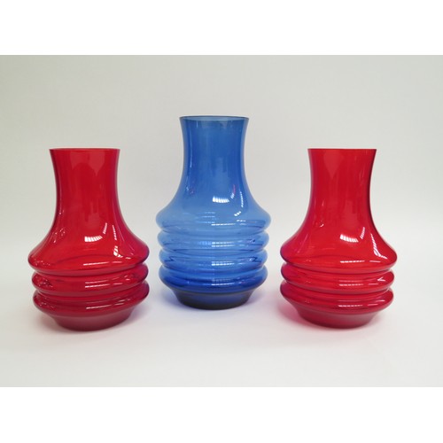 9131 - Three Riihimaki Finnish glass vases, each with hooped mid section body, largest in blue and a pair i... 