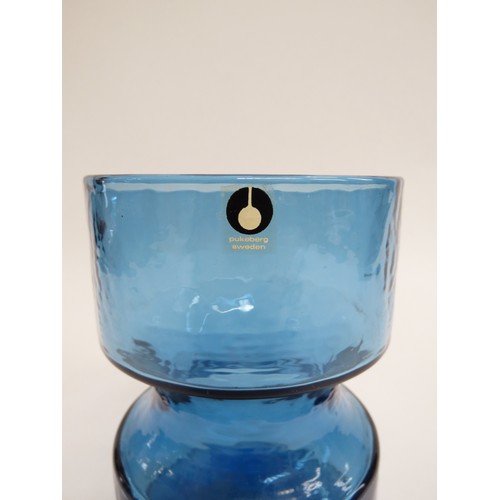 9140 - A Pukeberg of Sweden blue textured cylindrical glass vase, waisted body, label to top edge. 12.5cm h... 