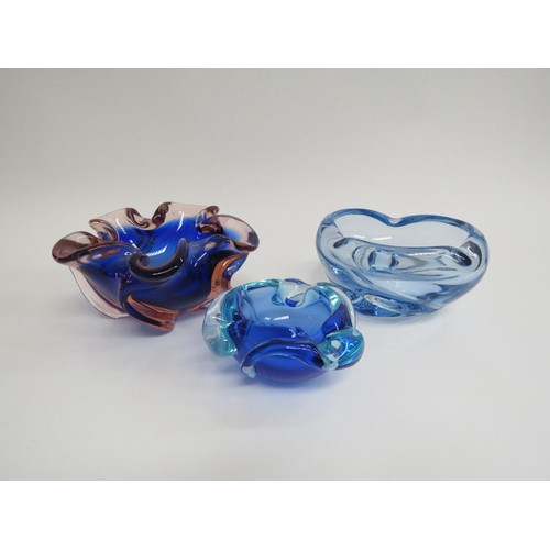 9209 - A group of three Czech glass dishes in blues and peach colours. Largest 7.5cm high x 14cm diameter