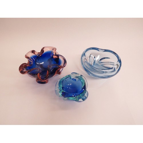 9209 - A group of three Czech glass dishes in blues and peach colours. Largest 7.5cm high x 14cm diameter