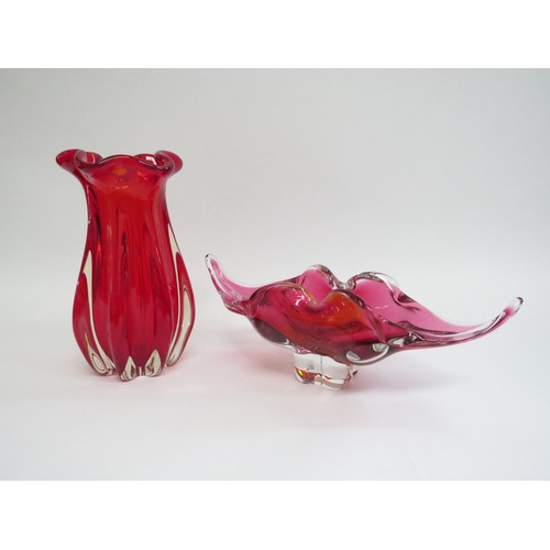 9208 - Two Czech glass pieces - Ruby red vase with vertical ribbed body and a cranberry and amber Hospodka ... 