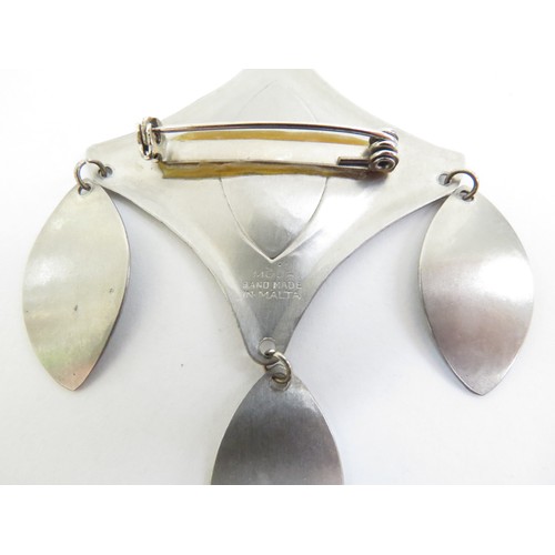 9231 - A 1960's handmade stainless steel brooch by MODA, with stylised leaf droplets   (C)