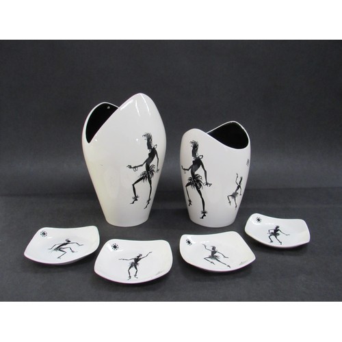 9033 - A collection of Wade Zamba pattern ceramics, two vases and four pin dishes. Tallest 24cm