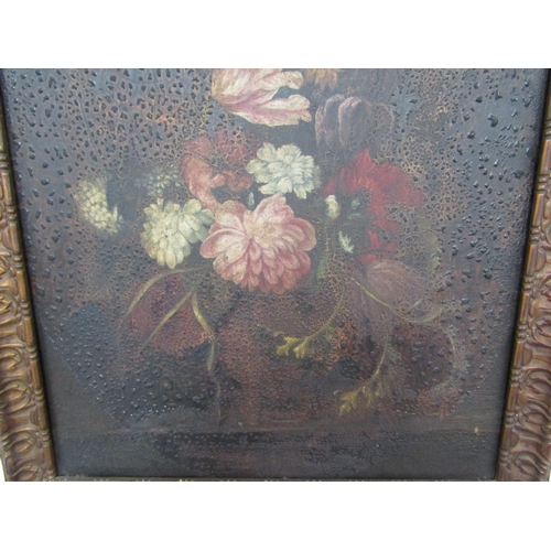 6084 - A Dutch oil on board still-life flowers, allover bubbling to varnish/picture, 44cm x 39cm