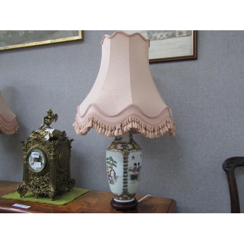 6089 - A pair of modern Oriental vase form table lamps with frilled shades, 64cm tall, Collectors Electrica... 