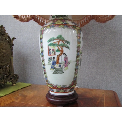 6089 - A pair of modern Oriental vase form table lamps with frilled shades, 64cm tall, Collectors Electrica... 