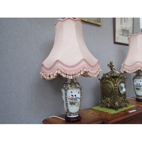6089 - A pair of modern Oriental vase form table lamps with frilled shades, 64cm tall, Collectors Electrica... 