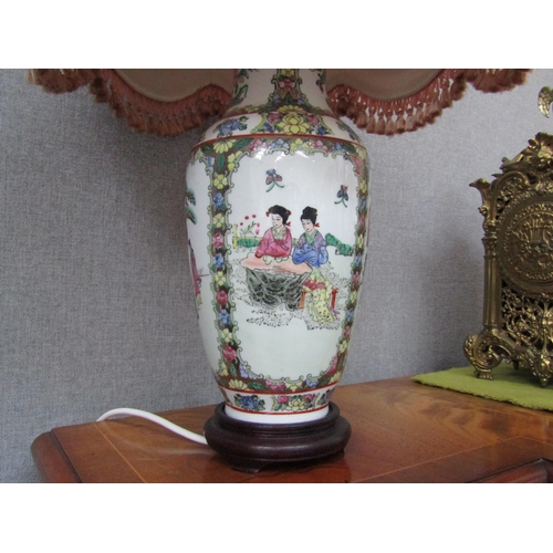 6089 - A pair of modern Oriental vase form table lamps with frilled shades, 64cm tall, Collectors Electrica... 