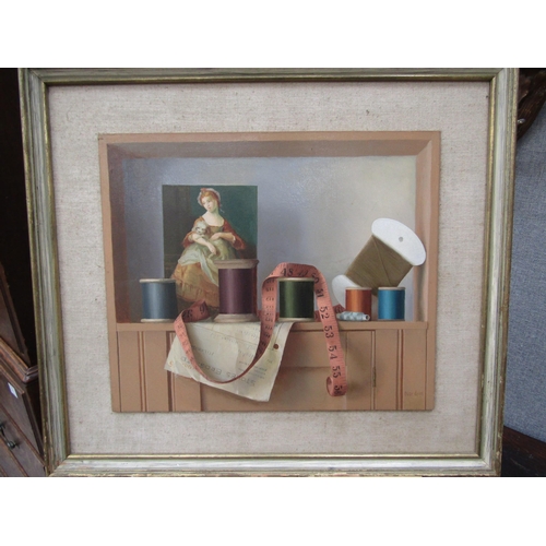 6100 - GERALD NORDEN (1912-2000): Cotton reels on a shelf, oil on board, 28cm x 33cm    (R) £150 GALLERY