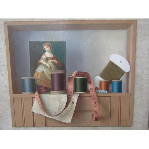 6100 - GERALD NORDEN (1912-2000): Cotton reels on a shelf, oil on board, 28cm x 33cm    (R) £150 GALLERY