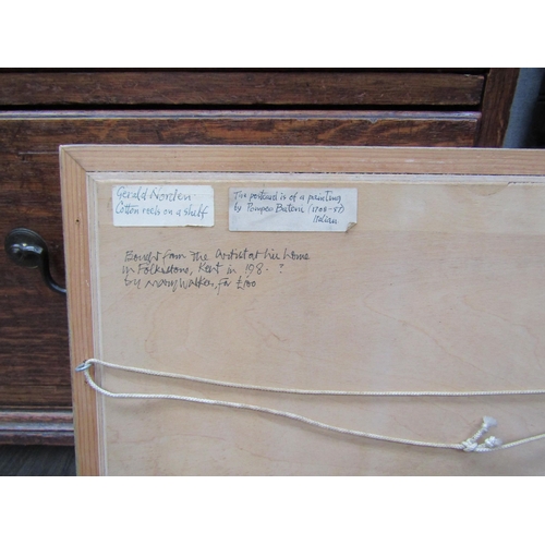 6100 - GERALD NORDEN (1912-2000): Cotton reels on a shelf, oil on board, 28cm x 33cm    (R) £150 GALLERY