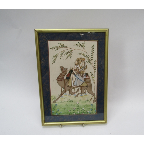 6116 - An indian painting on silk depicting the romantic tale of Dhola and Maru in Rajasthan, 30.5cm x 21cm